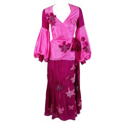 Vintage 1970's Thea Porter Couture Pink & Fuchsia Applique Silk Billow-Sleeve Dress
