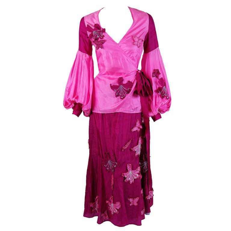 1970's Thea Porter Couture Pink & Fuchsia Applique Silk Billow-Sleeve Dress