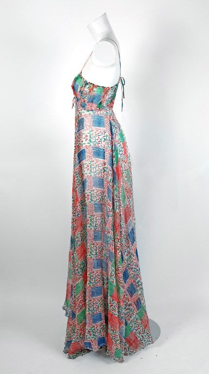 Women's 1970's Ossie Clark Colorful Celia Birtwell Crepe-Silk Print Low-Cut Maxi Dress