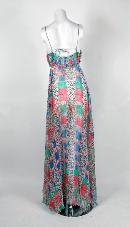 1970's Ossie Clark Colorful Celia Birtwell Crepe-Silk Print Low-Cut Maxi Dress 1