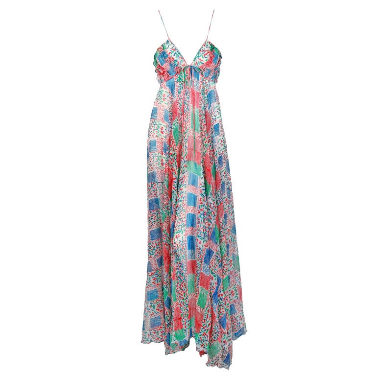 1970's Ossie Clark Colorful Celia Birtwell Crepe-Silk Print Low-Cut Maxi Dress