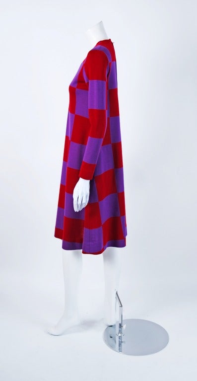 1971 Rudi Gernreich Op-Art Red & Purple Checkered Graphic Wool Mod Dress In Excellent Condition In Beverly Hills, CA