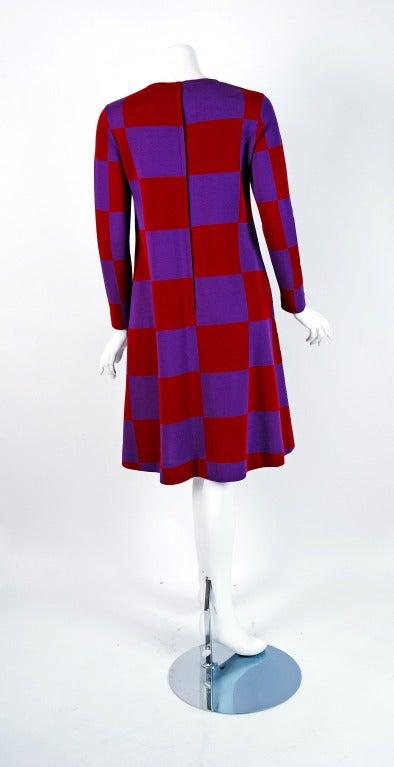 Women's 1971 Rudi Gernreich Op-Art Red & Purple Checkered Graphic Wool Mod Dress