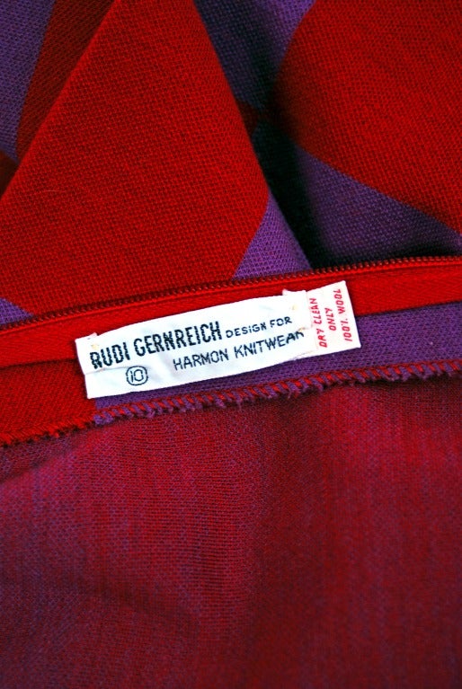 1971 Rudi Gernreich Op-Art Red & Purple Checkered Graphic Wool Mod Dress 1