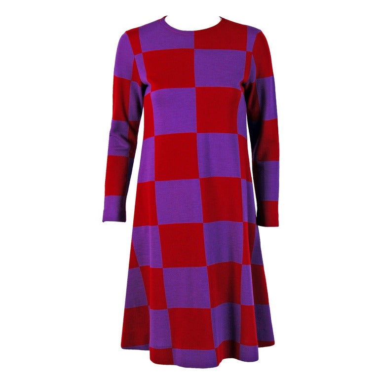 1971 Rudi Gernreich Op-Art Red & Purple Checkered Graphic Wool Mod Dress