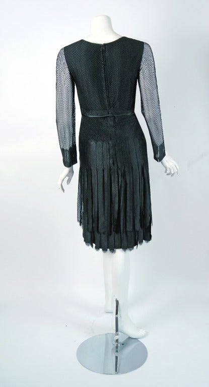 1960's Jean Louis Black Fishnet-Lace Tiered Flapper-Fringe Cocktail Party Dress 1