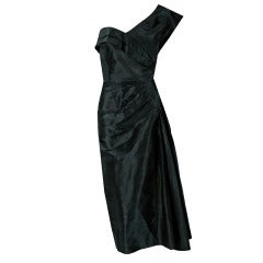 1950's Bergdorf Goodman Black Silk Asymmetric One-Shoulder Cocktail Dress