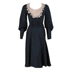1930's Stunning Black Silk & Ivory Lace Billow Poet-Sleeves Belted Dress