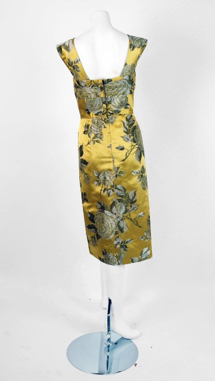 1950's Sophie Gimbel Chartreuse-Yellow Roses Floral-Print Satin Dress & Jacket In Excellent Condition In Beverly Hills, CA