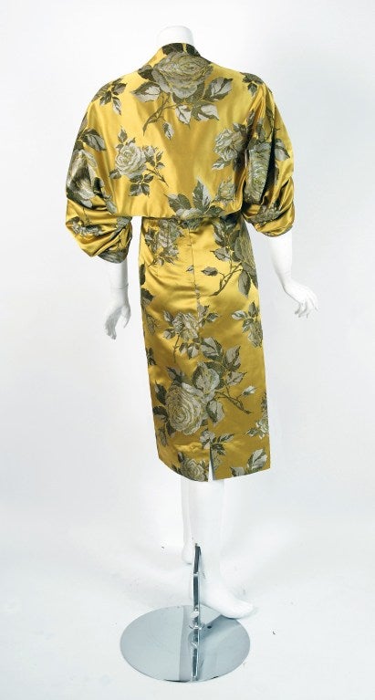 Women's 1950's Sophie Gimbel Chartreuse-Yellow Roses Floral-Print Satin Dress & Jacket
