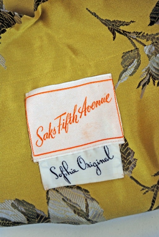 1950's Sophie Gimbel Chartreuse-Yellow Roses Floral-Print Satin Dress & Jacket 1