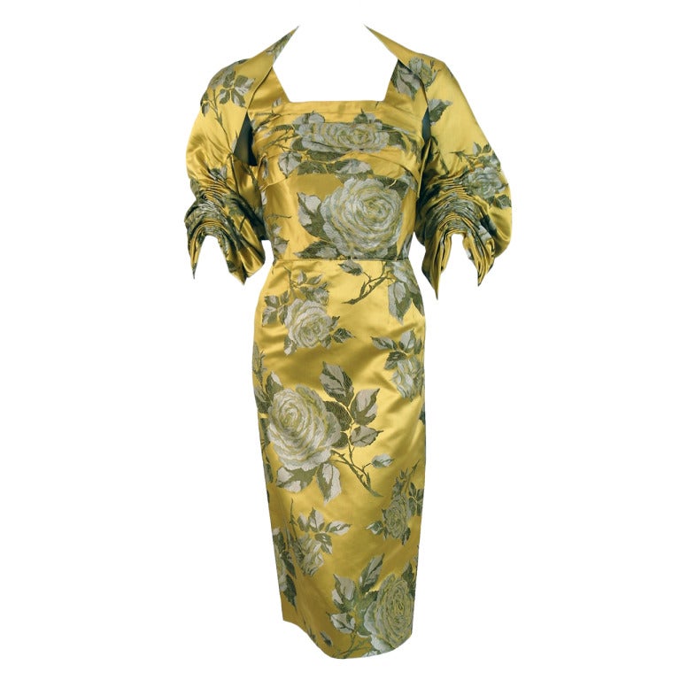 1950's Sophie Gimbel Chartreuse-Yellow Roses Floral-Print Satin Dress & Jacket