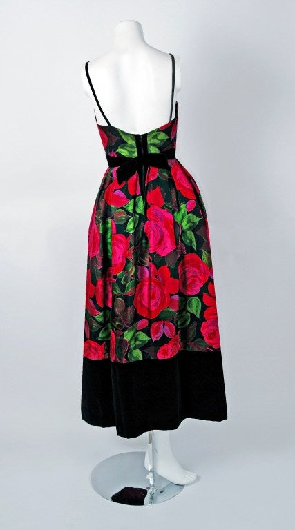 Women's 1960's Rappi Magenta-Pink Roses Floral Garden Silk & Velvet Evening Gown Dress