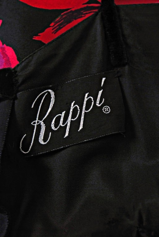 1960's Rappi Magenta-Pink Roses Floral Garden Silk & Velvet Evening Gown Dress 1