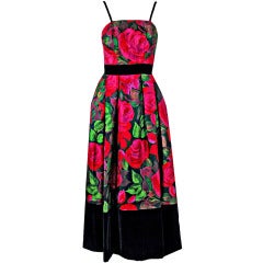 1960's Rappi Magenta-Pink Roses Floral Garden Silk & Velvet Evening Gown Dress