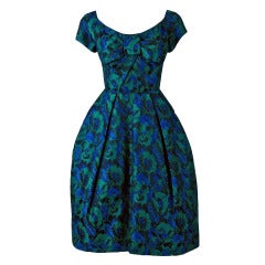 1950's Michael Novarese Blue & Green Floral Garden Print Silk Party Dress 9