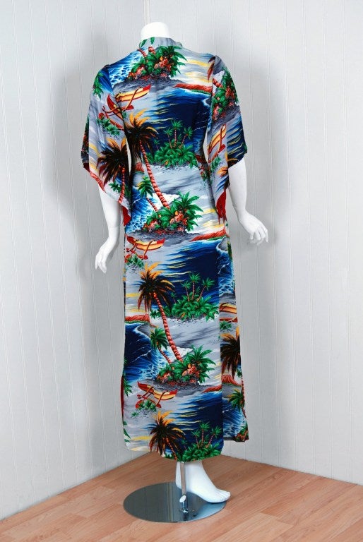 1940's Hawaiian Colorful Silk Rayon Pake Muu Tropical Dress 1