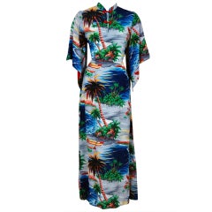 1940's Hawaiian Colorful Silk Rayon Pake Muu Tropical Dress