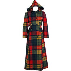 1970's Colorful Rainbow-Plaid Wool Double-Breasted Hooded Maxi Princess Coat