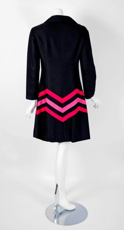 Women's 1960's Exquisite Black & Pink Stripe Linen Double-Breasted Mod Space-Age Coat