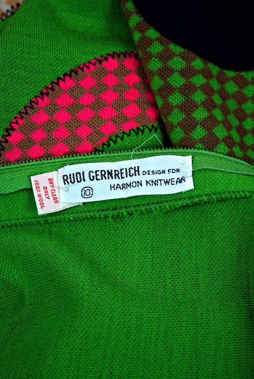 Green 1960's Rudi Gernreich Rare Flower-Power Applique Op-Art Wool Mod Dress Gown