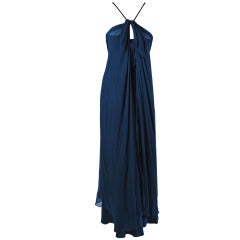 1970's Stavropoulos Navy-Blue Draped Silk Chiffon Grecian Goddess Gown