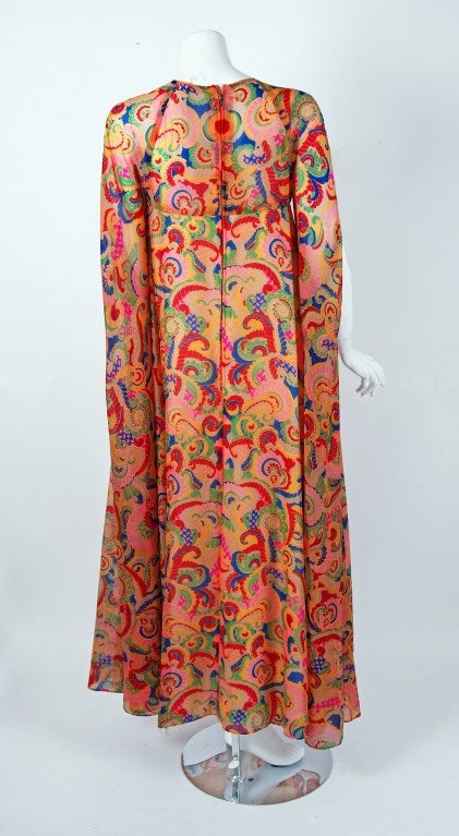 Women's 1960's Elizabeth Arden Psychedelic Print Chiffon Winged-Sleeves Maxi Dress Gown