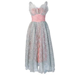 Vintage 1950's Jeanne Lanvin Castillo Haute-Couture Pink Silk & Gray Lace Party Dress
