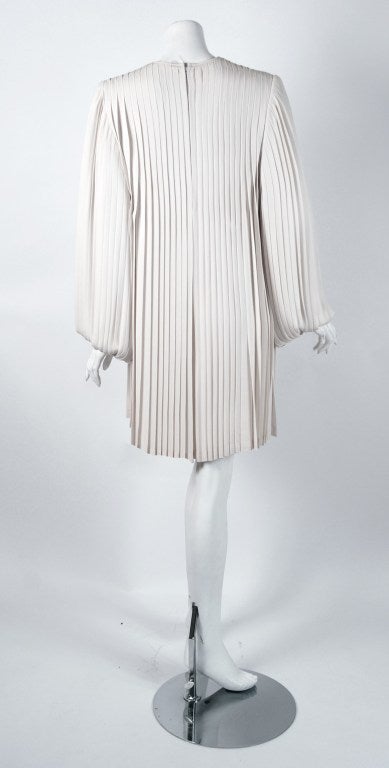 Women's 1960's Galanos Ivory-White Pleated Crepe Cut-Out Stripe Billow-Sleeve Mod Dress