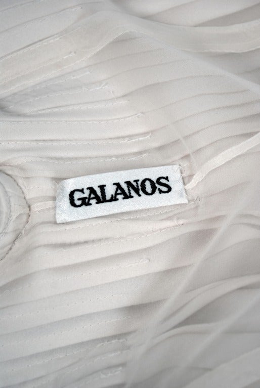 1960's Galanos Ivory-White Pleated Crepe Cut-Out Stripe Billow-Sleeve Mod Dress 1