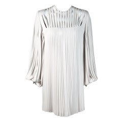1960's Galanos Ivory-White Pleated Crepe Cut-Out Stripe Billow-Sleeve Mod Dress