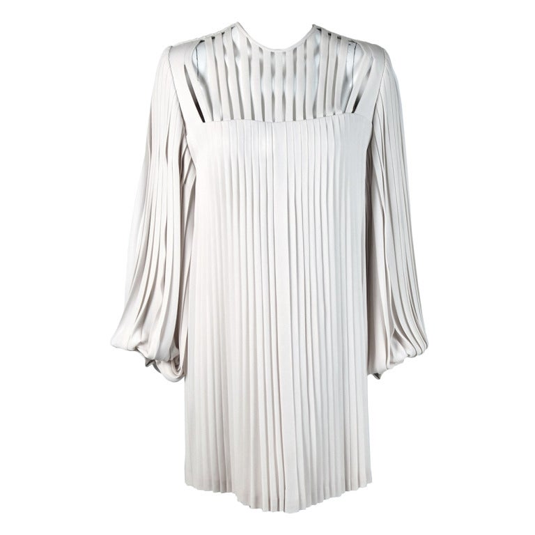 1960's Galanos Ivory-White Pleated Crepe Cut-Out Stripe Billow-Sleeve Mod Dress