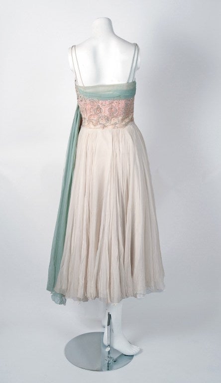Women's 1950's Anne Verdi Ivory-White Beaded Chantilly-Lace & Ruched Silk-Chiffon Dress