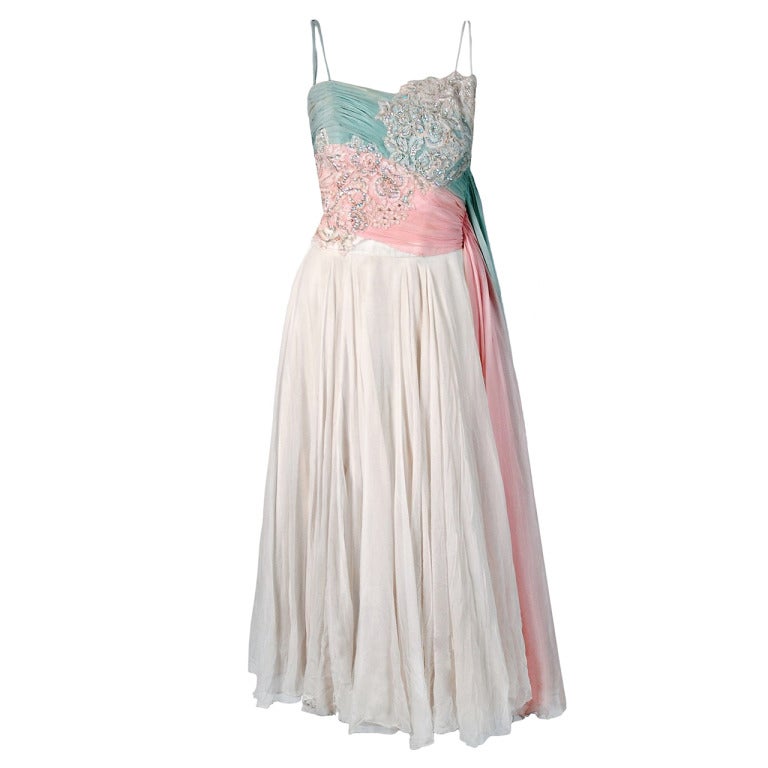 1950's Anne Verdi Ivory-White Beaded Chantilly-Lace & Ruched Silk-Chiffon Dress