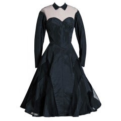 1950's Black Silk-Taffeta Illusion Net-Tulle Chervon Stripe Long-Sleeve Full Party Dress