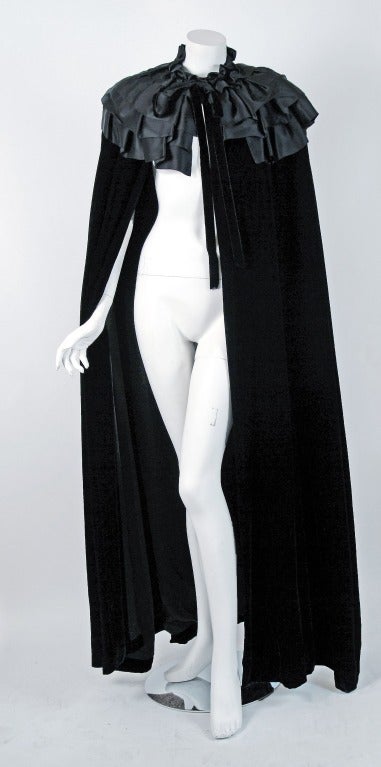 1970's Givenchy Dramatic Black Silk-Velvet & Satin Tiered-Ruffle Maxi Coat Cape