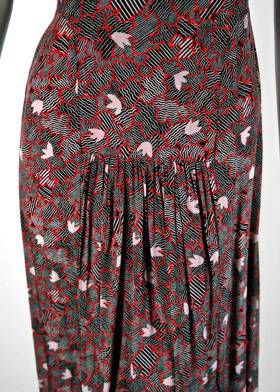 1970's Ossie Clark Red-Silk Celia Birtwell Print Low-Cut Plunge Maxi Dress In Excellent Condition In Beverly Hills, CA