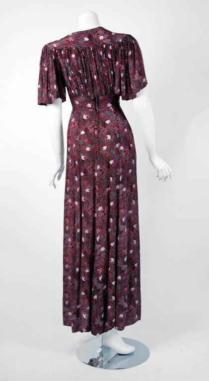 Women's 1970's Ossie Clark Red-Silk Celia Birtwell Print Low-Cut Plunge Maxi Dress