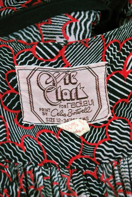 1970's Ossie Clark Red-Silk Celia Birtwell Print Low-Cut Plunge Maxi Dress 1