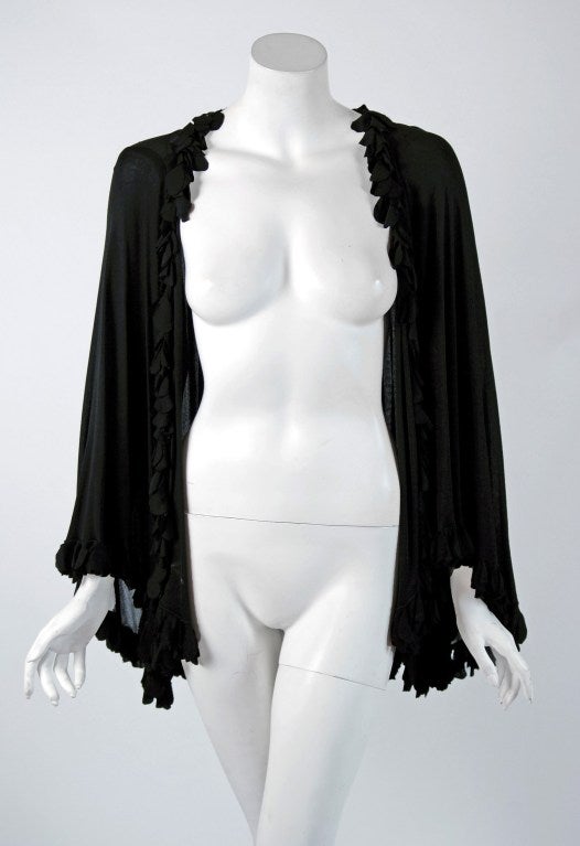 1970's Holly's Harp Black Silk-Jersey Petal Applique Angel-Sleeve Jacket Blouse In Excellent Condition In Beverly Hills, CA