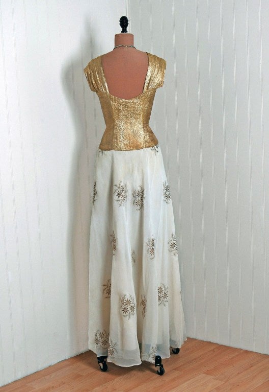 Women's 1930's Metallic Gold-Lame & Embroidered Floral Chiffon Bias-Cut Hourglass Gown