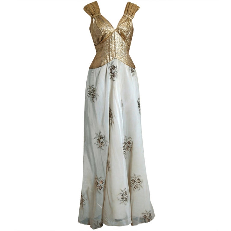 1930's Metallic Gold-Lame & Embroidered Floral Chiffon Bias-Cut Hourglass Gown