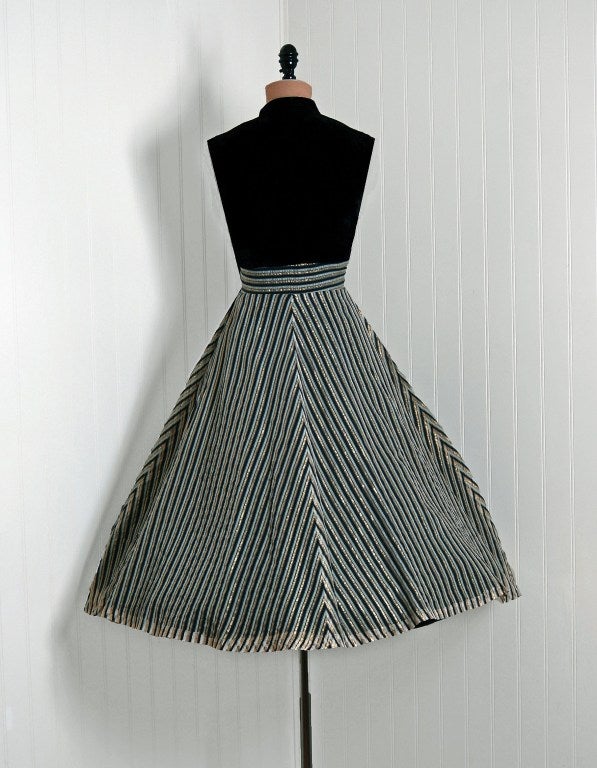 Women's 1950's Claudia Young Velvet & Metallic Stripe Organza Shelf-Bust Party Dress