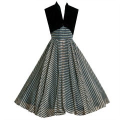 1950's Claudia Young Velvet & Metallic Stripe Organza Shelf-Bust Party Dress