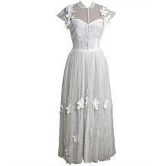 Vintage 1930's Ethereal White Embroidered Net-Tulle Applique Sweetheart Illusion Dress
