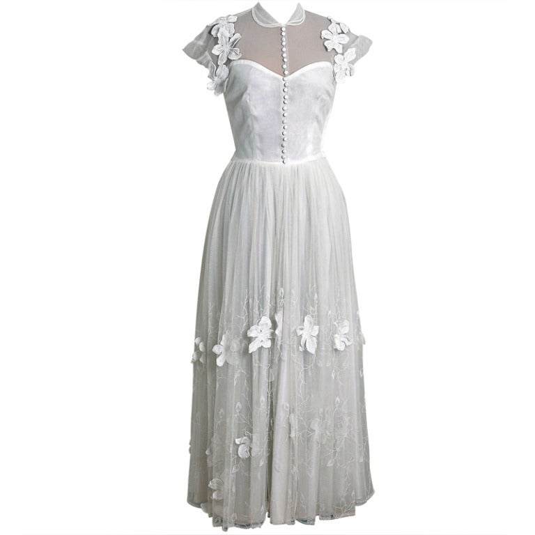 1930's Ethereal White Embroidered Net-Tulle Applique Sweetheart Illusion Dress
