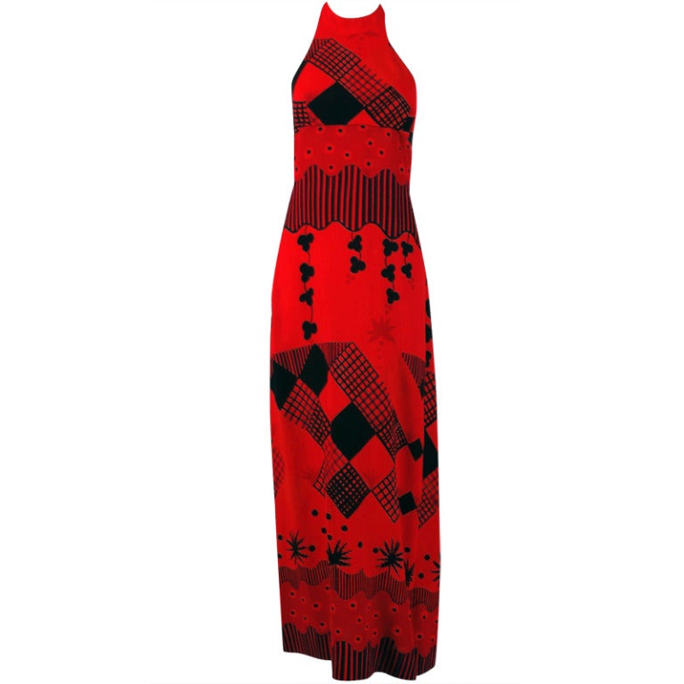 1970
s Ossie Clark For Radley Black 
Red Celia Birtwell Print Crepe Halter Dress