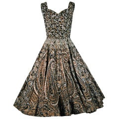 Vintage 1950's Mexican Metallic Atomic-Swirls Glitter Cotton Belted Circle-Skirt Dress