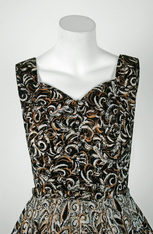 1950's Mexican Metallic Atomic-Swirls Glitter Cotton Belted Circle-Skirt Dress In Excellent Condition In Beverly Hills, CA
