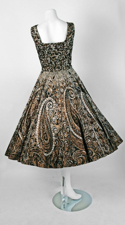1950's Mexican Metallic Atomic-Swirls Glitter Cotton Belted Circle-Skirt Dress 1